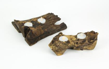 Set of 2 Natural Gamal Root Wood Double Tealight Candle Holders - 8 Inch alternate image
