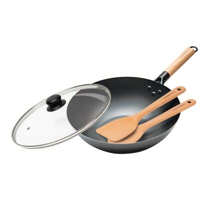 Nonstick Carbon Steel Wok with Glass Lid & Wooden Utensils, 12