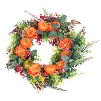 17.71IN Autumn Wreath with Pumpkin Mixed Leaves Berries Flowers Fall Decoration for Indoor Outdoor Window Wall Front Door in Halloween Thanks Giving D - Multi - 45 x 45cm 