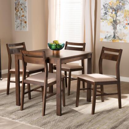 Baxton Studio Lovy Modern and Contemporary Fabric Upholstered Walnut-Finished 5-Piece Wood Dining Set 