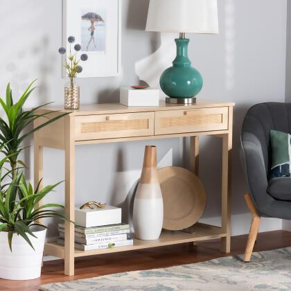 Baxton Studio Sebille Mid-Century Modern Light Brown Finished Wood 2-Drawer Console Table with Natural Rattan 