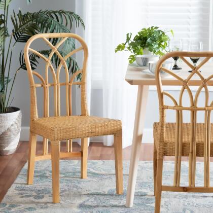 bali & pari Monaco Modern Bohemian Oak Brown Finished Mahogany Wood and Natural Rattan Dining Chair 