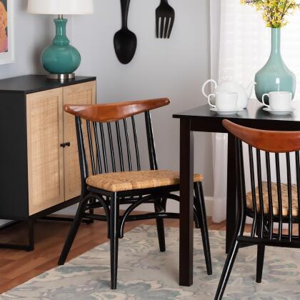 bali & pari Parthenia Mid-Century Modern Two-Tone Black and Walnut Brown Finished Mahogany Wood and Natural Rattan Dining Chair 