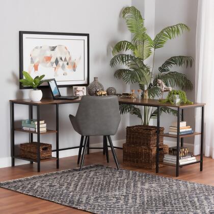Baxton Studio Lydia Modern Walnut Brown Finished Wood and Black Metal L-Shaped Corner Desk with Shelves 