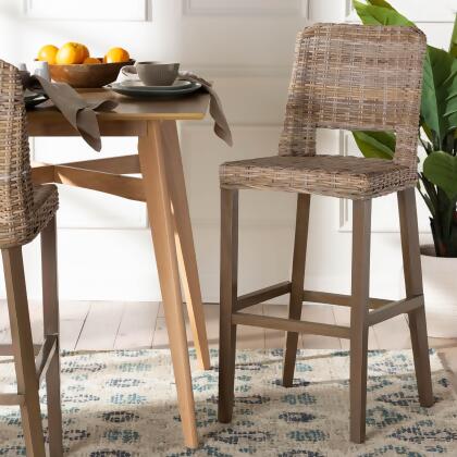 bali & pari Magy Modern Bohemian Grey Kubu Rattan and Mahogany Wood Bar Stool 