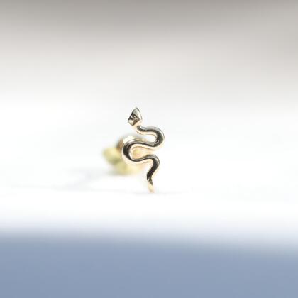 14K 線條小蛇鎖珠耳環 (單個) 