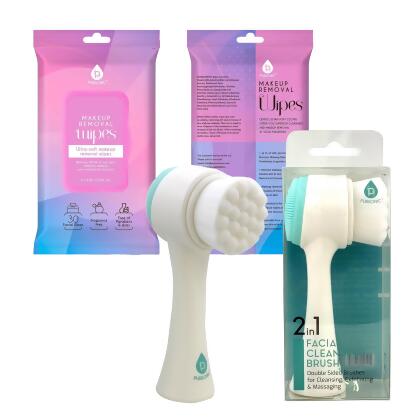 Radiant Beauty Bundle: Dual Sided Facial Cleansing Brush & Makeup Removal Wipes (12 Pack) 