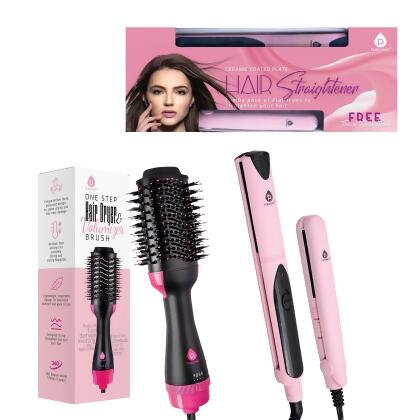 Hair Styling Power Bundle: One Step Hair Dryer & Volumizer Brush + Professional Salon Quality Flat Iron Hair Straightener With Free Travel Straightener