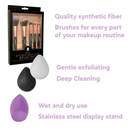 Beauty Essentials Bundle: Facial Makeup Blender Sponge + Natural Facial Konjac Sponge Duo Set(3 pack) + 5 Pcs Studio Makeup Brush Set (Black) alternate image