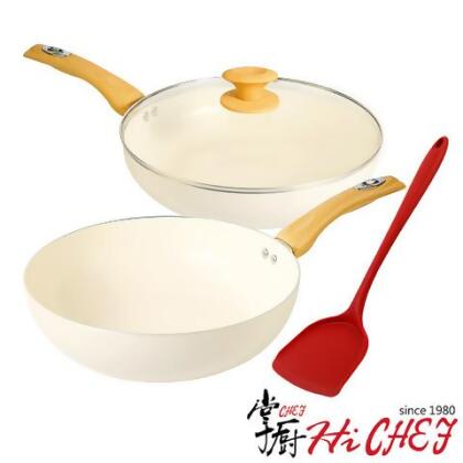 《掌廚HiCHEF》CREAMY 不沾鍋28CM 煎炒鍋+平底鍋+安全玻璃蓋+矽膠鏟(IH電磁爐適用) - 