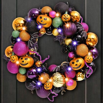 Spooktacular Halloween Ornament Bauble Wreath, Spooky Door or Home Decoration with Pumpkins, Bats, Spiders 