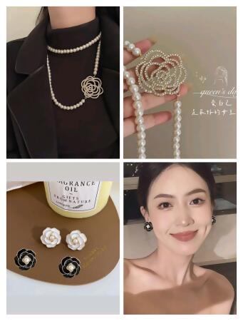 女王節專屬優惠 溫柔法式復古金屬鑲鑽玫瑰珍珠項鍊 加氣質珍珠山茶花耳環套組 