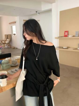 春夏時尚繫帶不規則個性百搭上衣 
