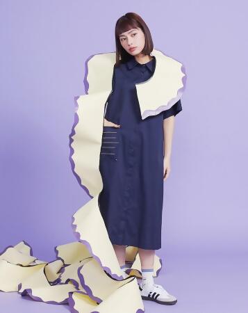 ➤配色虛線後鬆緊腰開襟襯衫洋裝(兩色) 