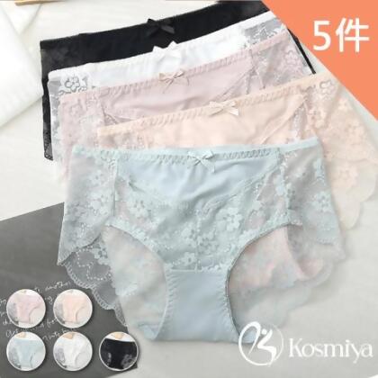 【Kosmiya】5件組 銀離子蕾絲花朵中腰內褲/銀離子內褲/蕾絲內褲/女內褲(5色可選/M-XL) - 五色各一 / L 