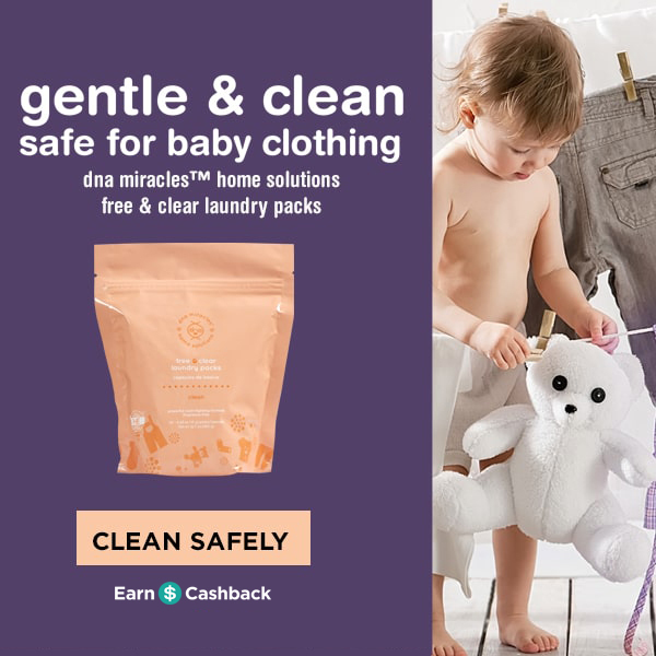 DNA Miraclestm Free + Clear Laundry Packs Gentle & Clean Safe for baby clothing free of fragrance free of all artificial dyes Clean safely