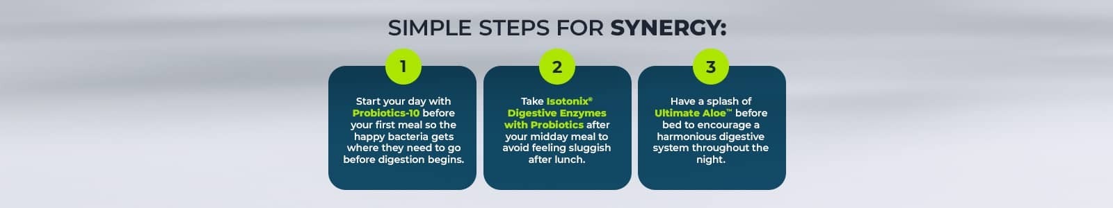 Simple Steps for synergy 1) Start your day with Probiotics-10 before your first meal so the happy bacteria gets where they need to fo before digestions begins. 2) Take the Isotonix Digestive Enzymes with probiotics after your middday meal to avoid feel