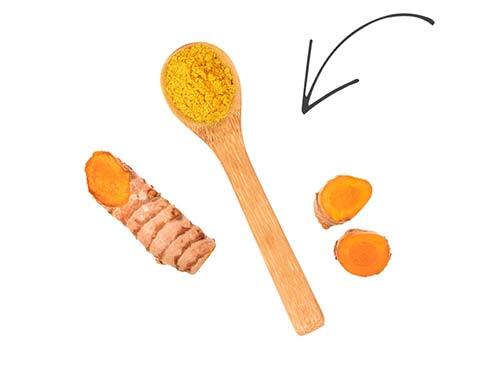 Arrow pointing to turmeric root powder in a wooden spoon