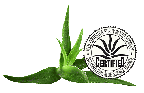 Aloe plant with International Aloe Science Council Certified Badge